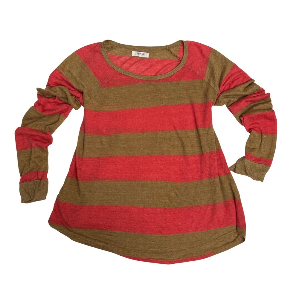 Madewell Top Small Red Brown Striped Long Sleeve Raglan Tee Indie Casual Boho